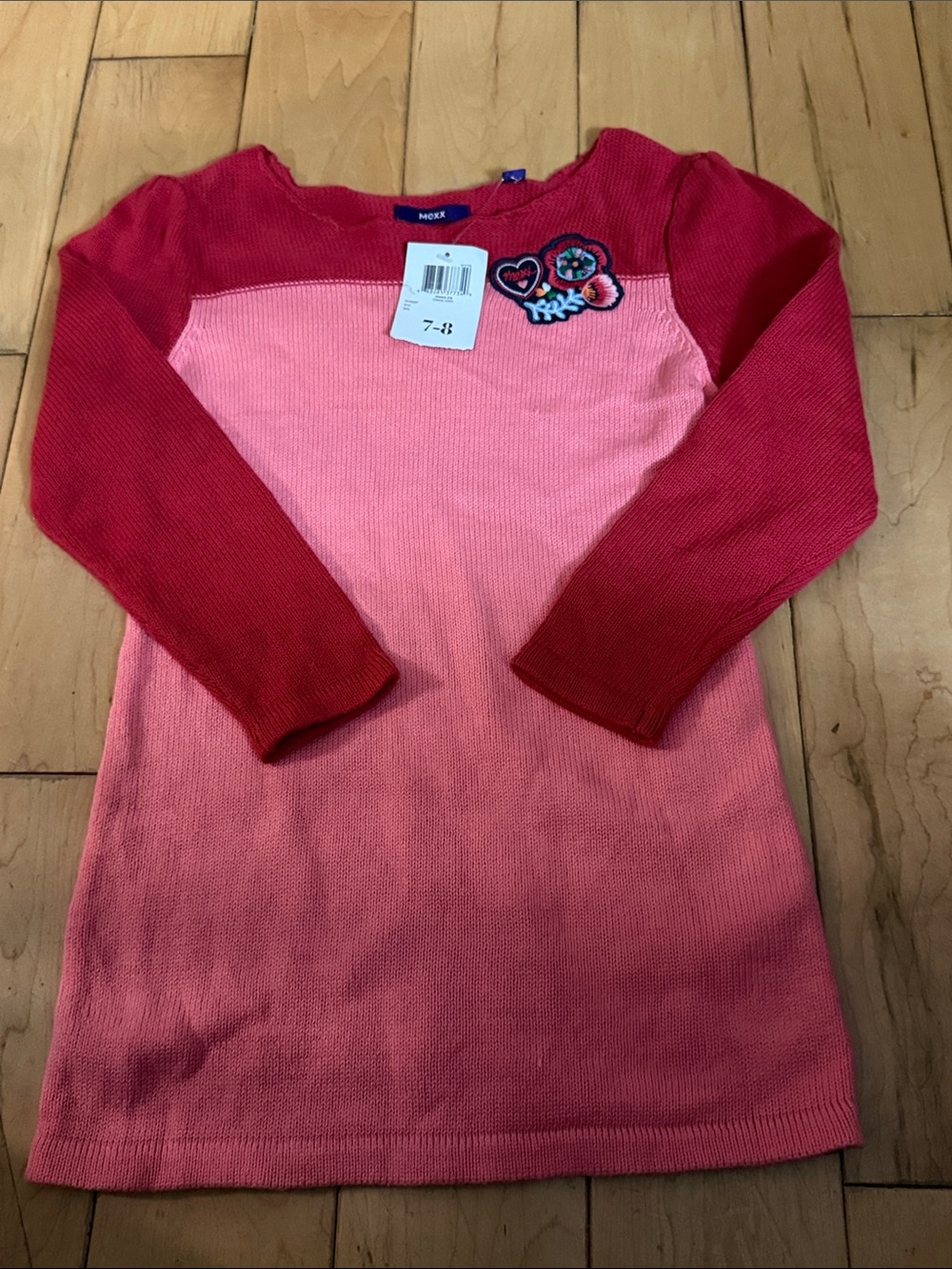 Mexx Girls Pink to Red Ombre Knit Sweater Dress with Patch Accents